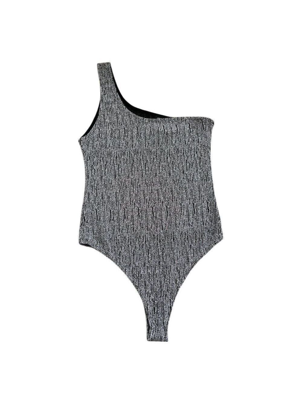 Seduction Gray Rib-Knit One-Shoulder Bodysuit Swimsuit Large - Picture 4 of 9